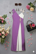 Q562307 Stylish Color-Blocked High-Slit Jumpsuit with Decorative Waist Embellishment