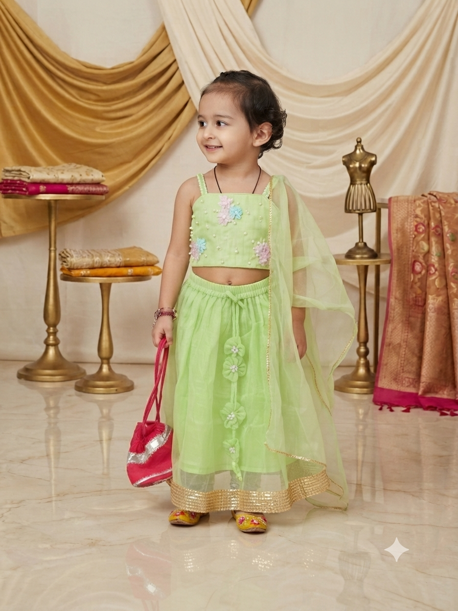 Exquisite Pistachio-Green Tulle Lehenga Choli with Hand-Embellished Floral Detail q562955