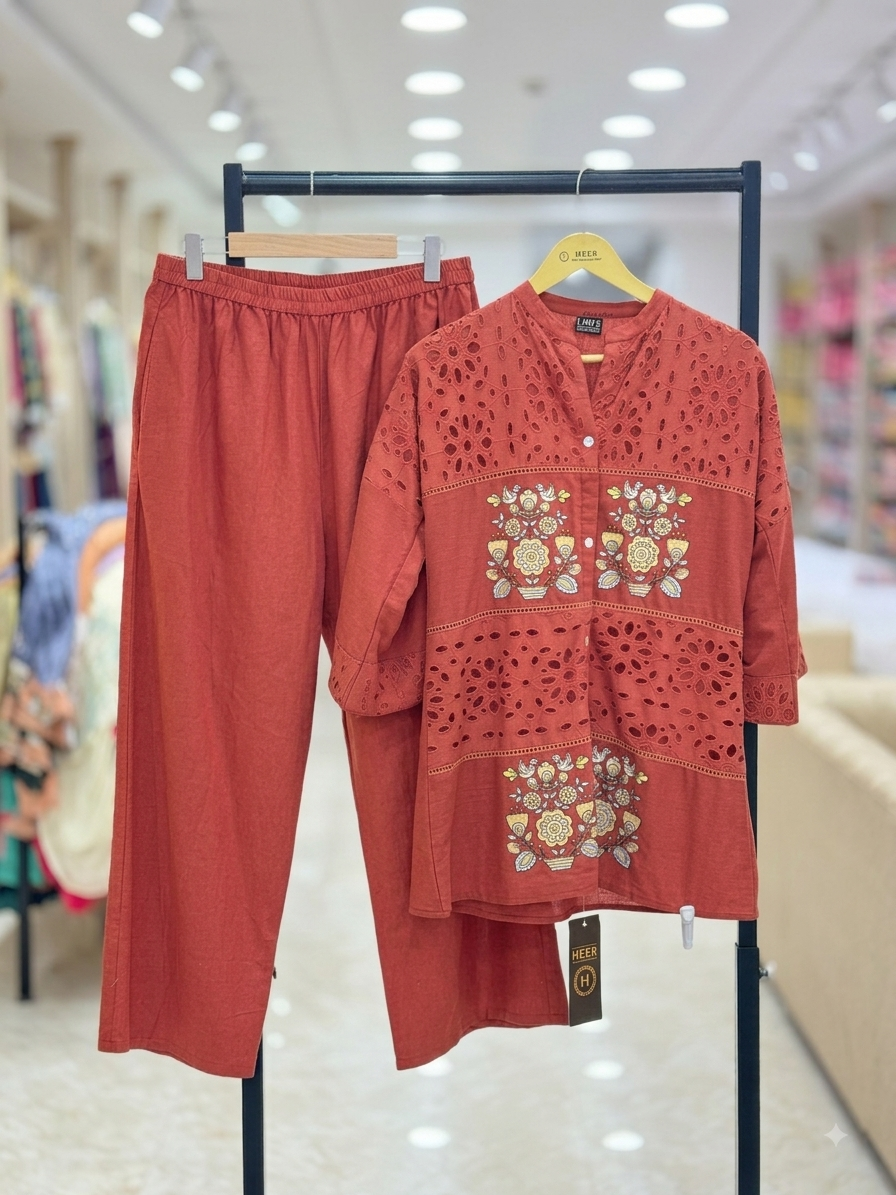 Rust Red Cutwork & Embroidered Cotton Coo-Ord Set q562670