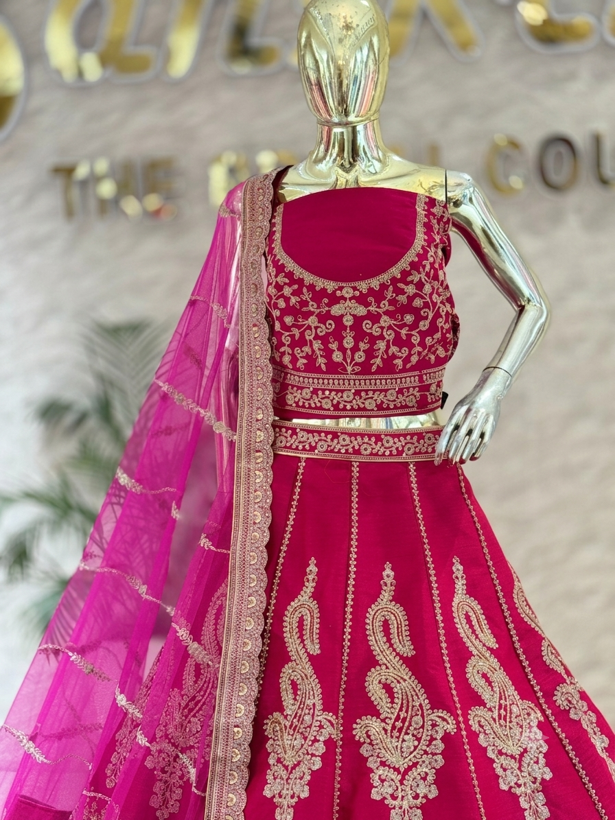 Vibrant Rani Pink Paisley Embroidered Silk Lehenga Choli Set q562144