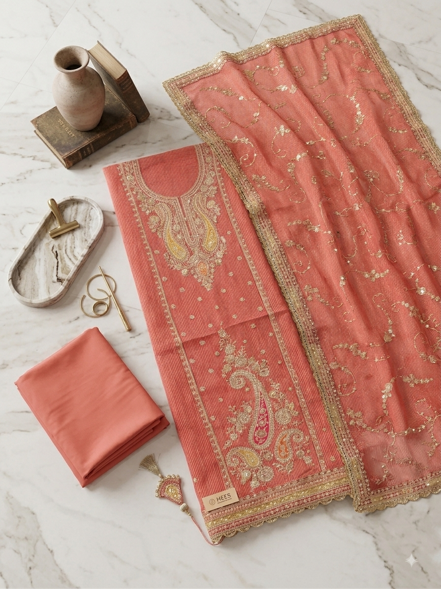 Premium Rose Pink Embroidered Unstitched Suit Set with Designer Dupatta #suit,q562351