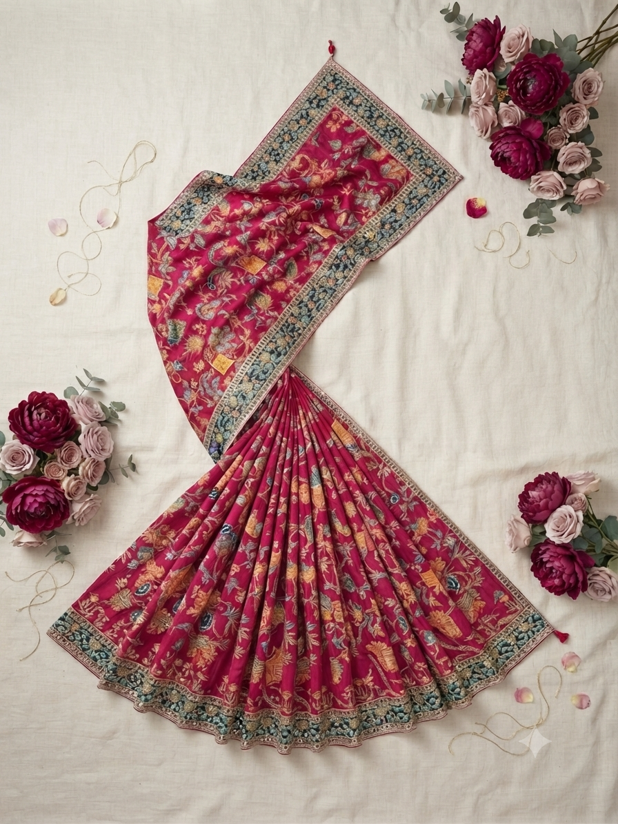 Traditional Floral Print Dark Pink Saree with Contrasting Border  readymade blouse q562967