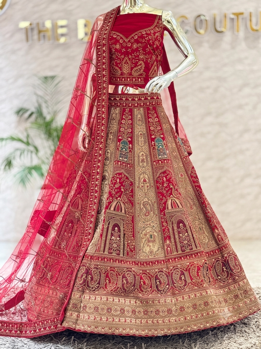 Royal Crimson Hand-Embroidered Bridal Lehenga Choli Set 109410