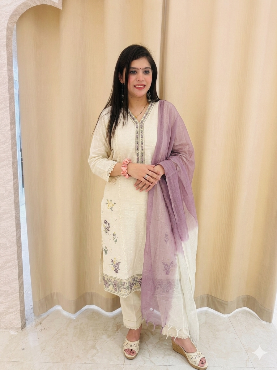 Premium Cream Cotton Suit Set with Embroidered Neck & Bottom, Ombre Dupatta q562807