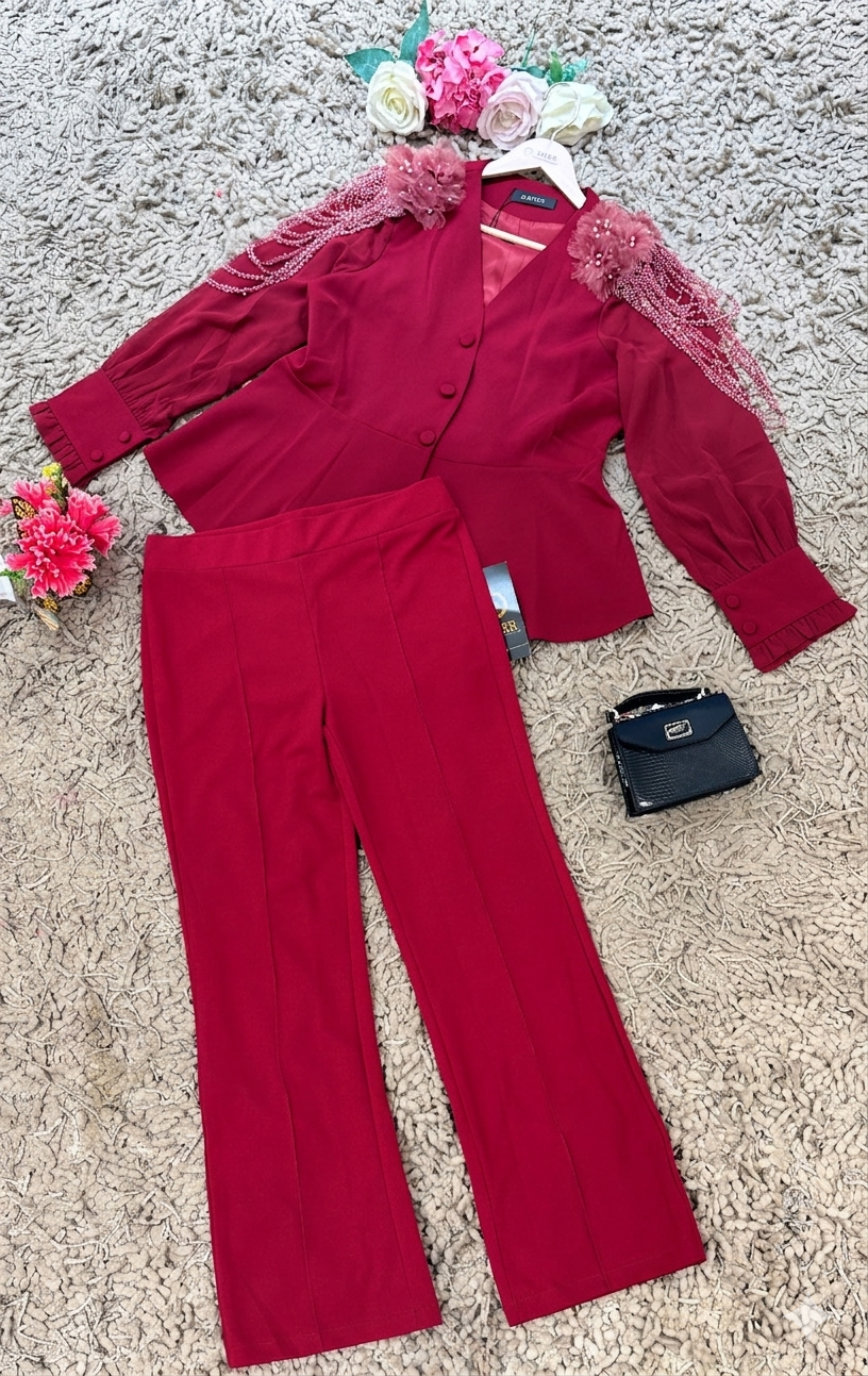 Q562556 Elegant Wine Red Embellished Co-Ord Set for Women