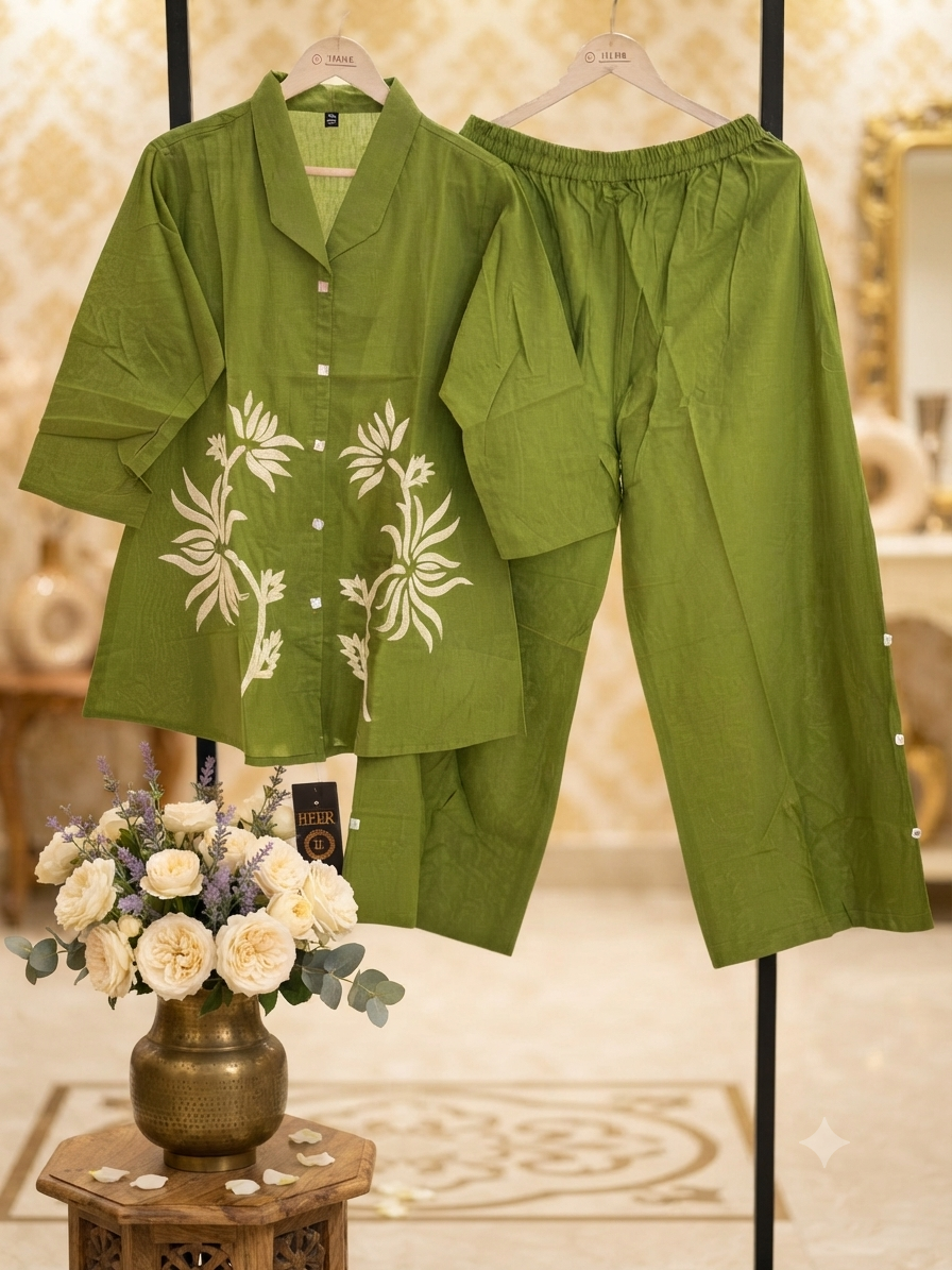 Olive Green Notched-Collar Co-ord Set with Floral Embroidery q562941