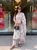 Mauve Floral Cotton Suit Set with Mirror-Work Neckline. q562835
