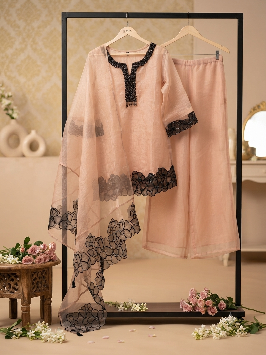Elegant Dusty Peach Organza Tunic Set with Intricate Black Floral Applique border q562940