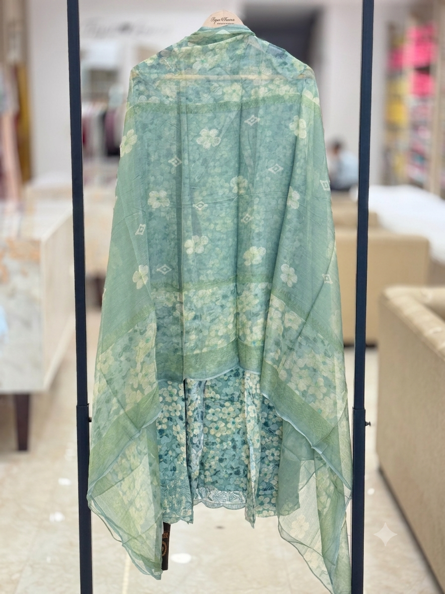 Mint Green Floral Printed Unstitched Cotton Suit Set with Sheer Printed Dupatta q562920