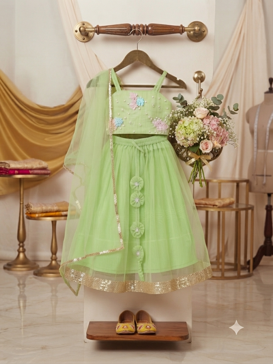 Exquisite Pistachio-Green Tulle Lehenga Choli with Hand-Embellished Floral Detail q562955