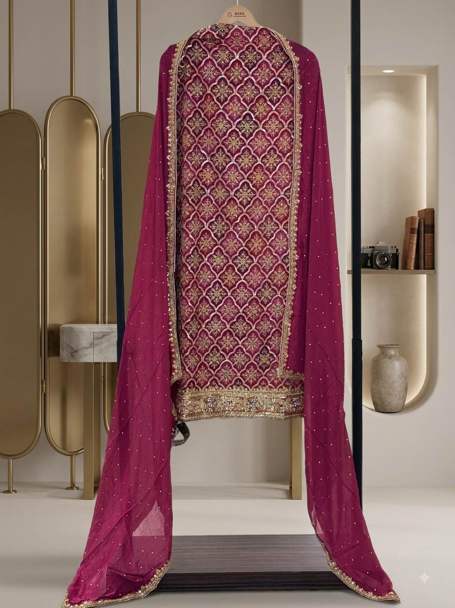 Premium Magenta Embroidered Unstitched Suit with Sheer Designer Dupatta q561939