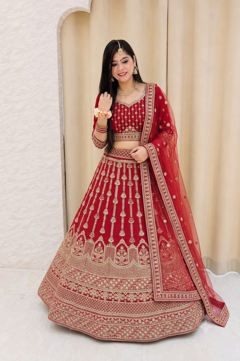 Classic Crimson Red Vertical Motif Bridal Lehenga Choli Set 105371