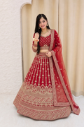 Classic Crimson Red Vertical Motif Bridal Lehenga Choli Set 105371
