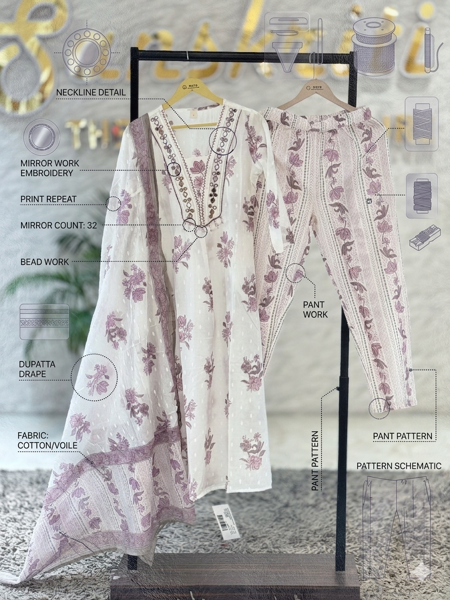 Mauve Floral Cotton Suit Set with Mirror-Work Neckline. q562835