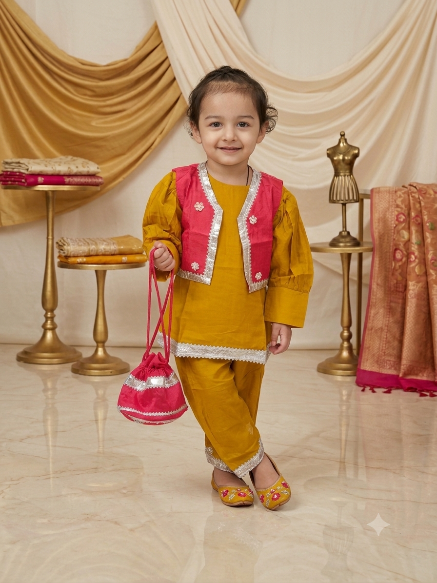 Radiant Mustard & Hot Pink Peplum Kurta with Sharara and Potli Bag Set q562958