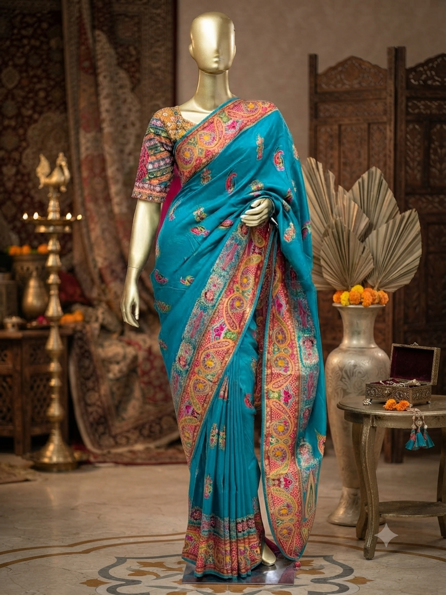 Exquisite Teal Blue Banarasi Silk Saree with Traditional stitched blouse q562965