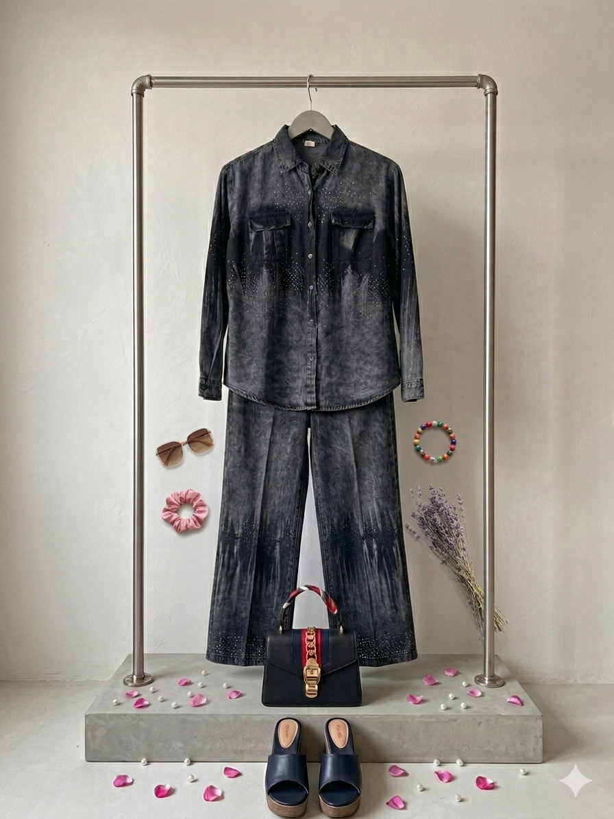 Q561473 Stylish Denim Co-ord Set with Ombre Wash Wide Leg Pants