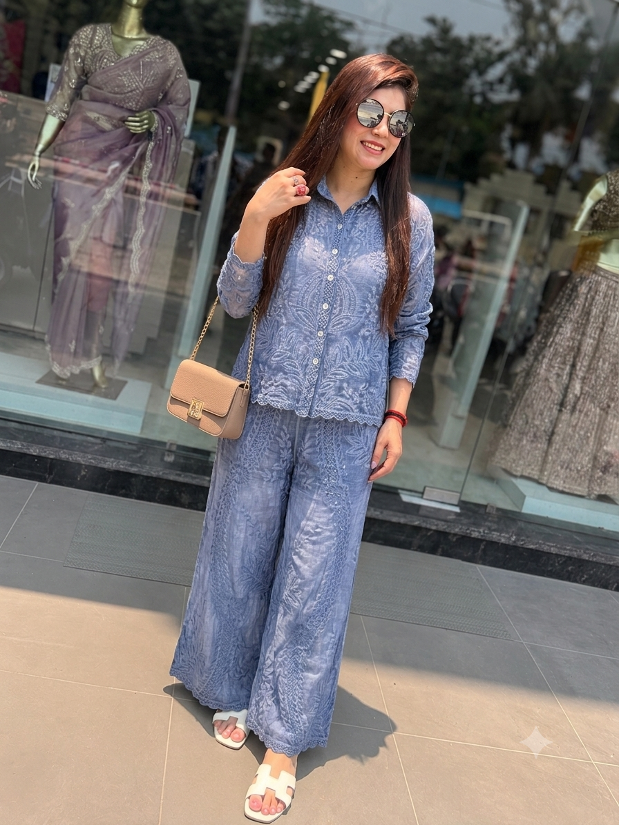Embroidered Blue PREIMIUM  Co-ord Set Q562848