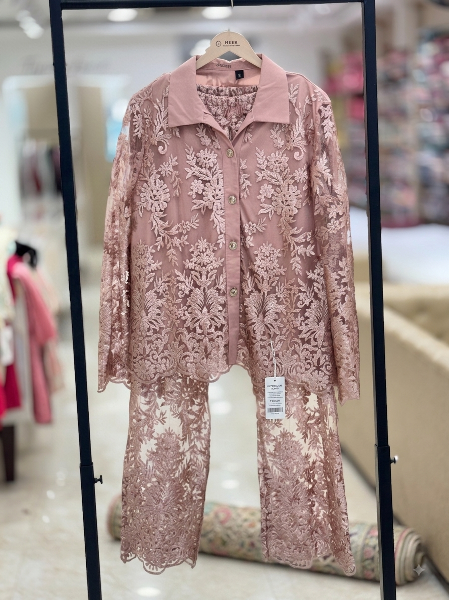 Elegant onion  Heavily Embroidered Floral Lace Blazer & Matching Trousers Co-ord Set q562853