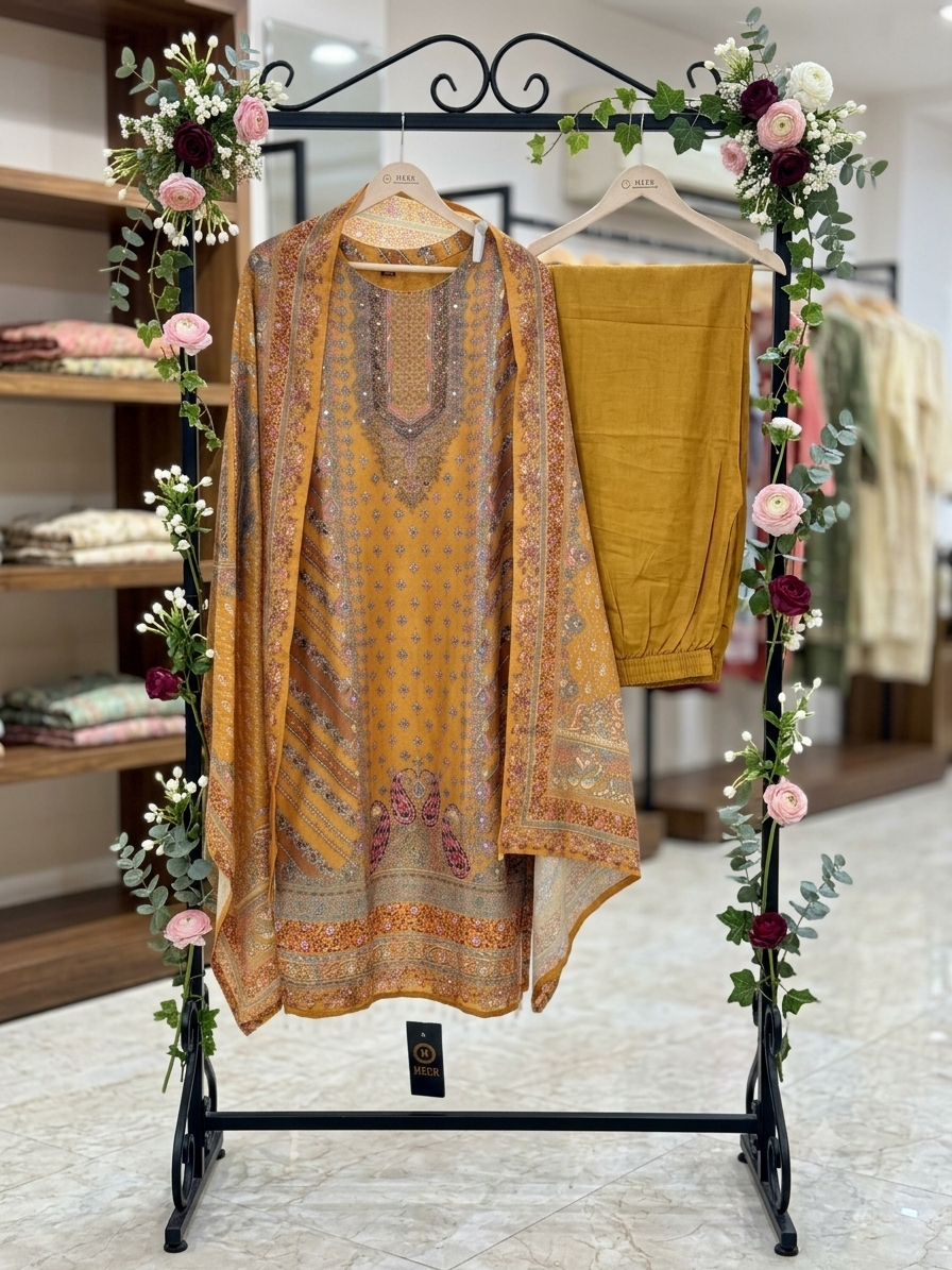 Mustard Yellow Printed & Embroidered Kashmiri Style Stitched Suit Set q562942