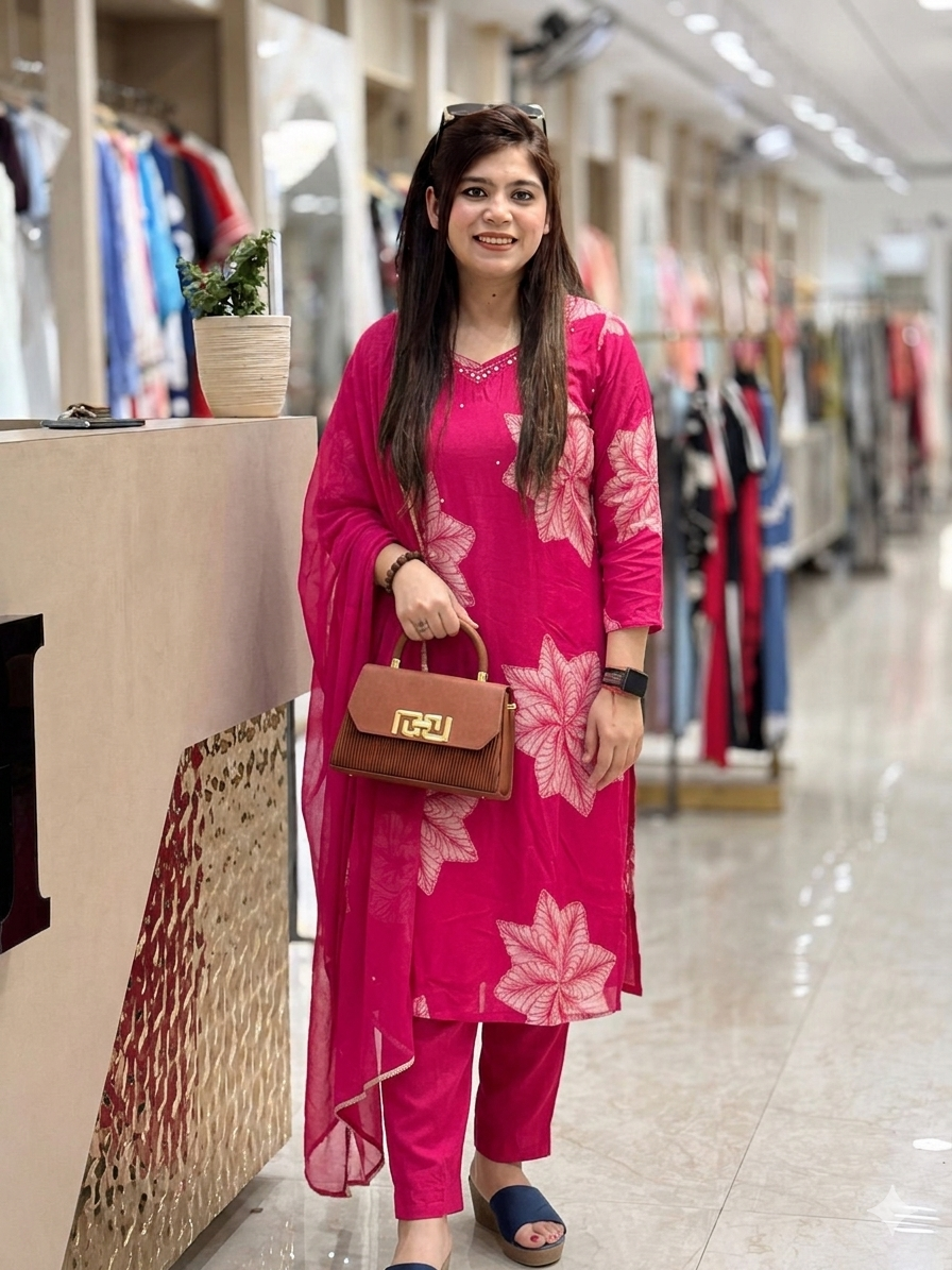 q562831 Elegant Pink Floral Print Kurta Set with Dupatta and Matching Pants
