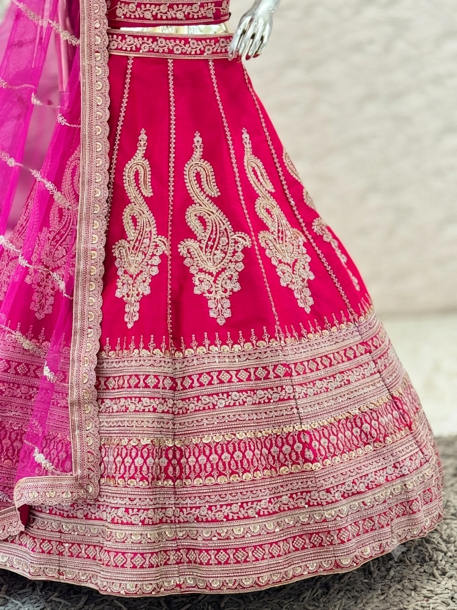 Vibrant Rani Pink Paisley Embroidered Silk Lehenga Choli Set q562144
