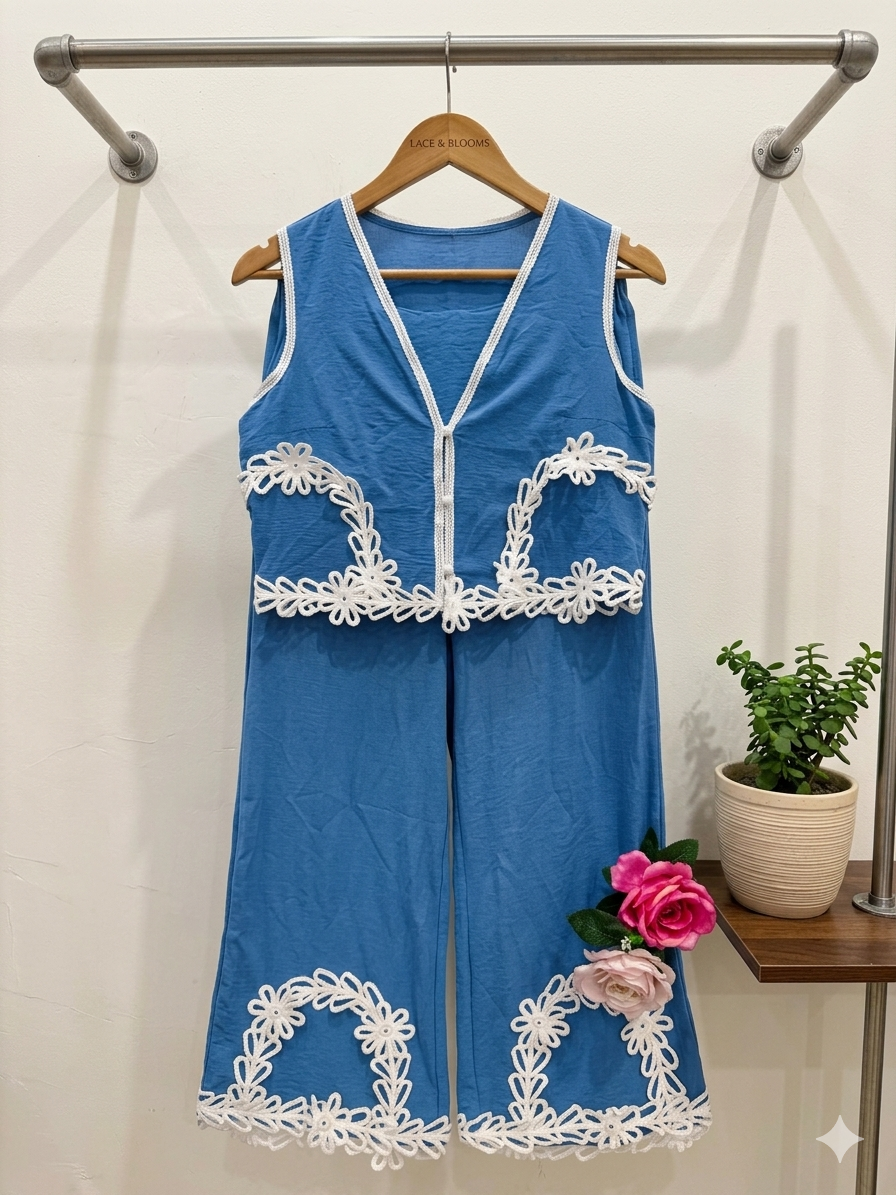 Q562572 Sky Blue Floral Lace Co-Ord Set