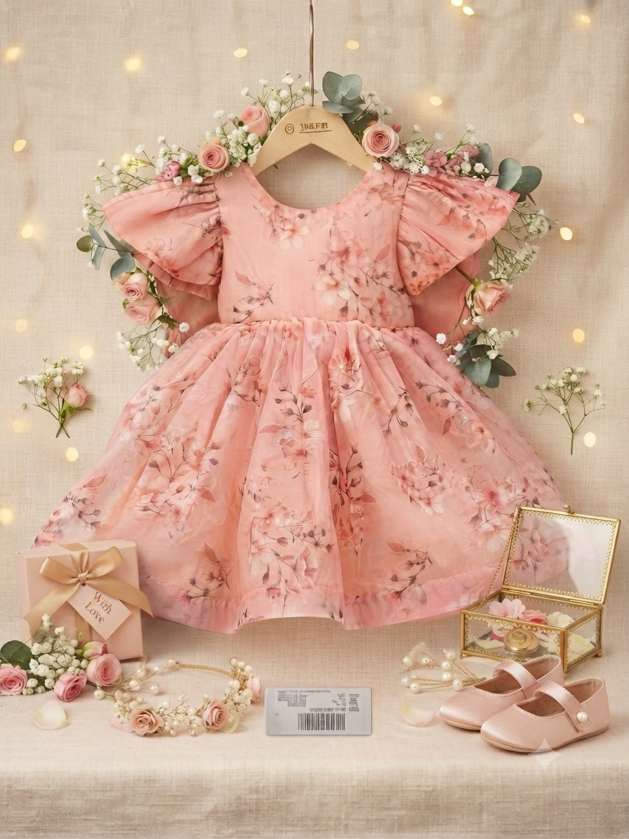 Pink Floral Tulle Flutter-Sleeve butterfly Party Gown q562957