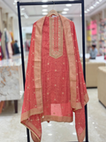 Coral Pink Embroidered Unstitched Suit Set beautiful neck style . q561585