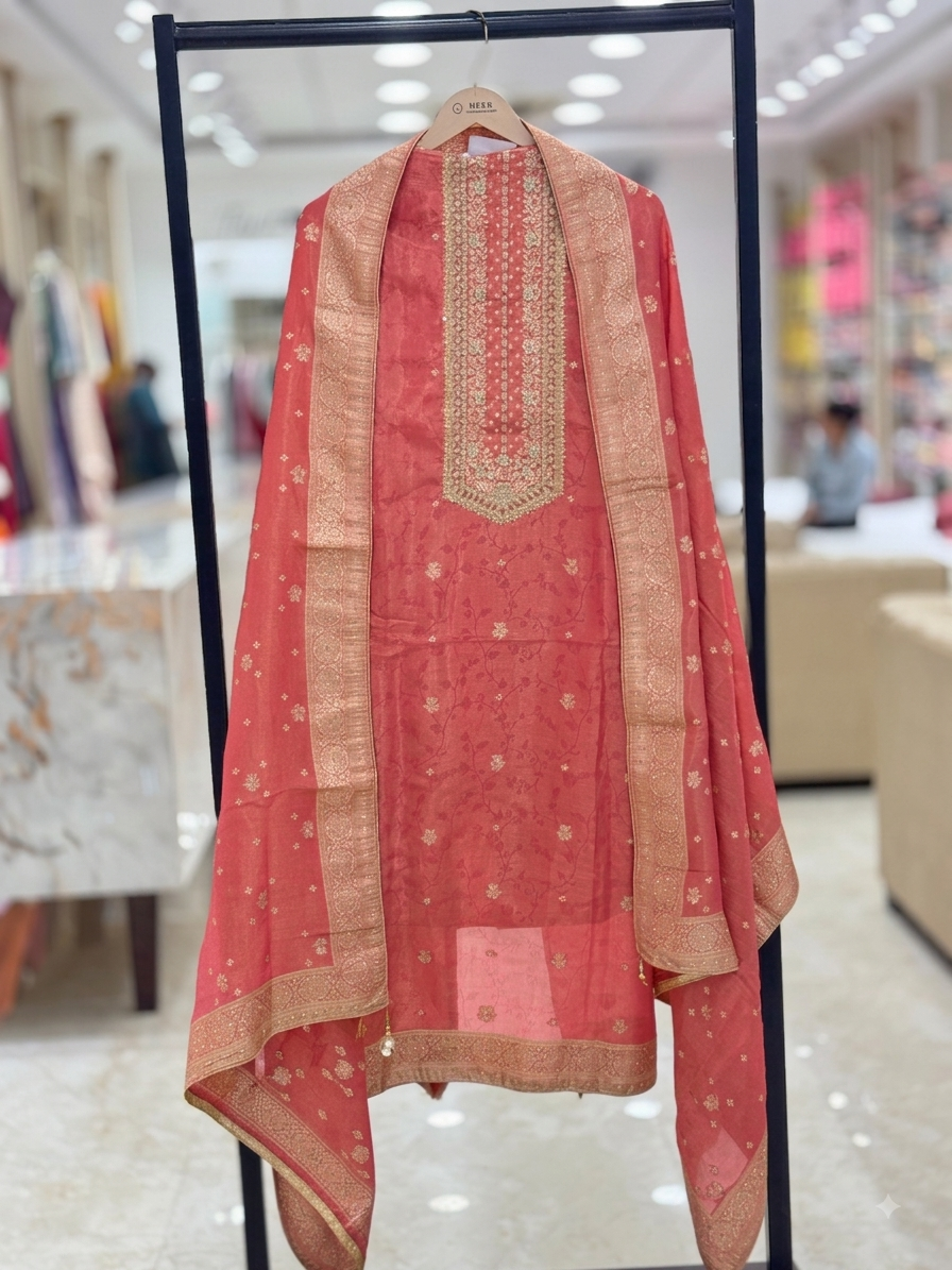 Coral Pink Embroidered Unstitched Suit Set beautiful neck style . q561585