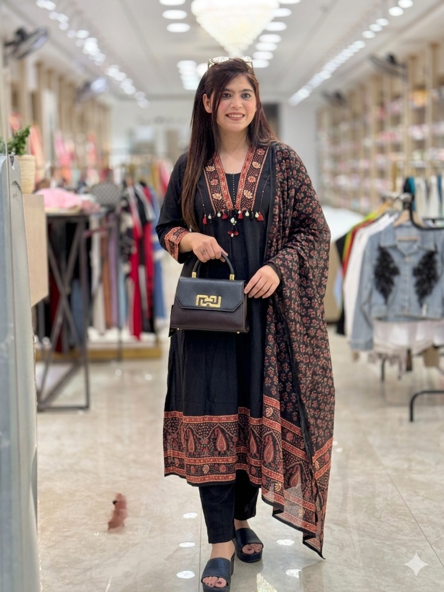 Classic Black Hand-Block Printed Cotton Suit Set with Traditional Red Ajrakh Border