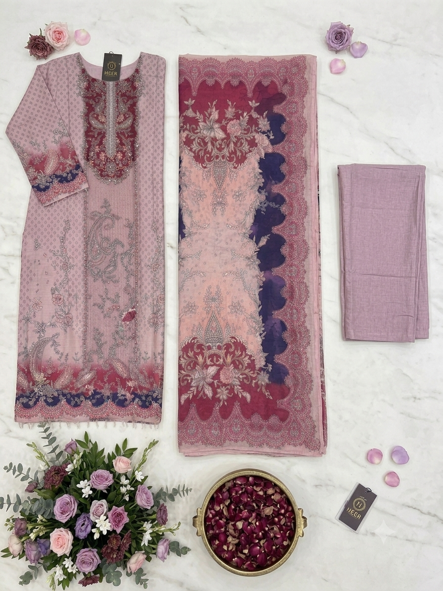 Embroidered Pink Georgette Suit Set with Floral Printed Dupatta q562938