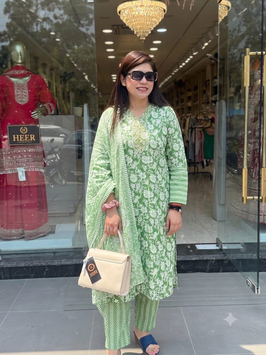 Q562823 Refreshing Green Floral Kurta Set