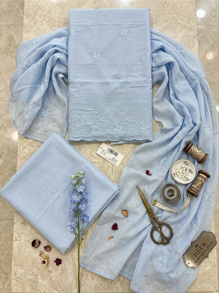 Sky Blue Hand-Embroidered Cotton Unstitched Suit Set with Dupatta q562908