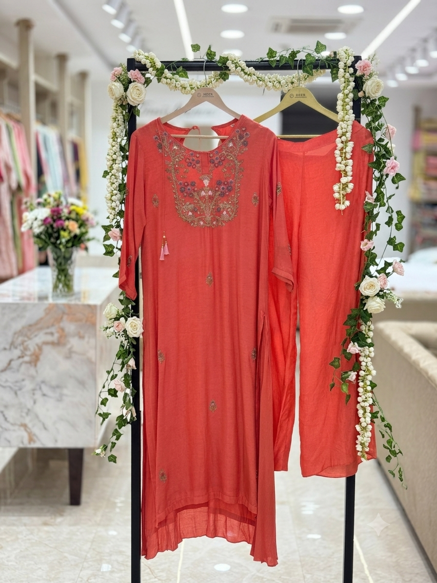 Coral Pink Embroidered Kurta Set with Wide-Leg Palazzo Pants 13918