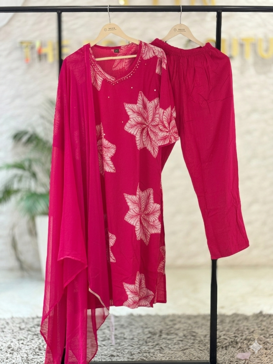 q562831 Elegant Pink Floral Print Kurta Set with Dupatta and Matching Pants