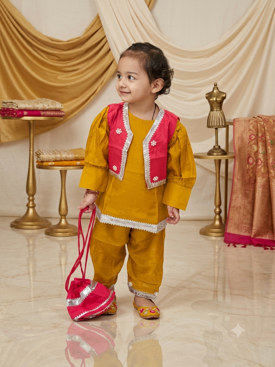 Radiant Mustard & Hot Pink Peplum Kurta with Sharara and Potli Bag Set q562958