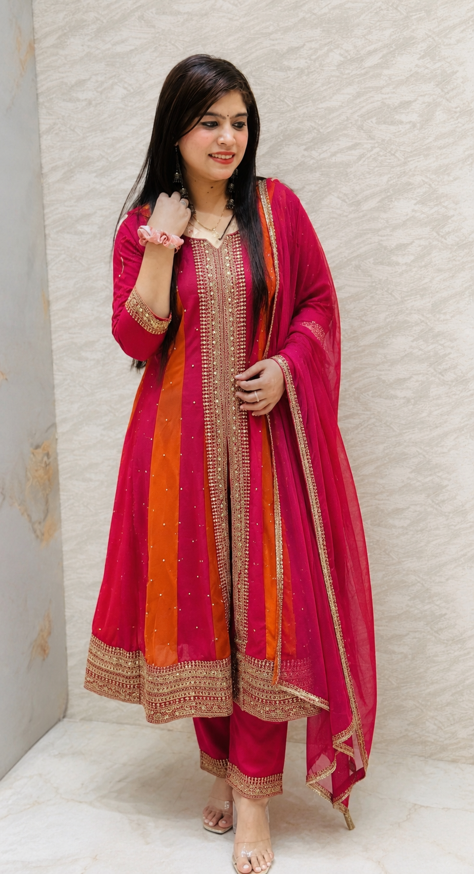 Vibrant Rani Pink & Orange Embroidered Front-Slit Suit Set q561254
