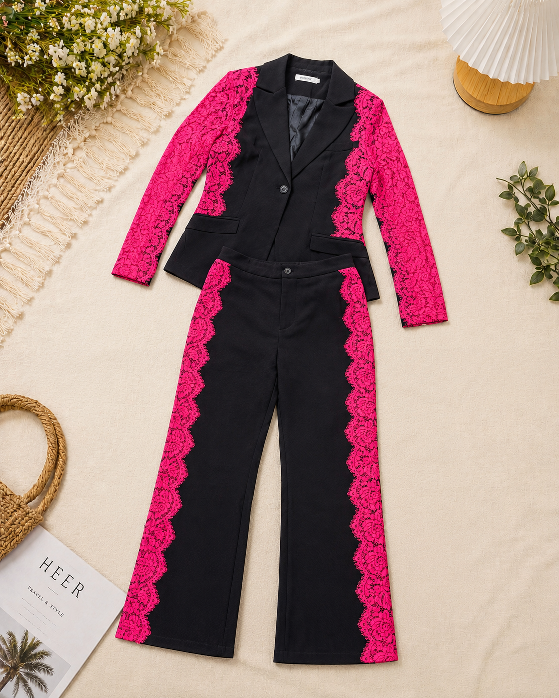Q56721 Black Designer Co-ord Set with Pink Floral Lace Detailing