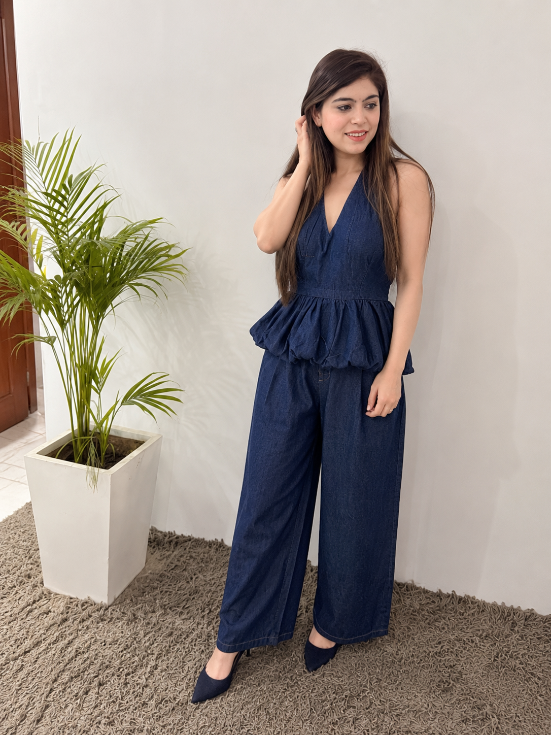 Stylish Denim Halter-Neck Peplum Top and Wide-Leg Pant Set q562846