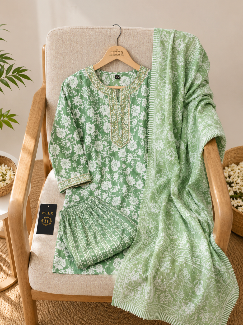 Q562823 Refreshing Green Floral Kurta Set