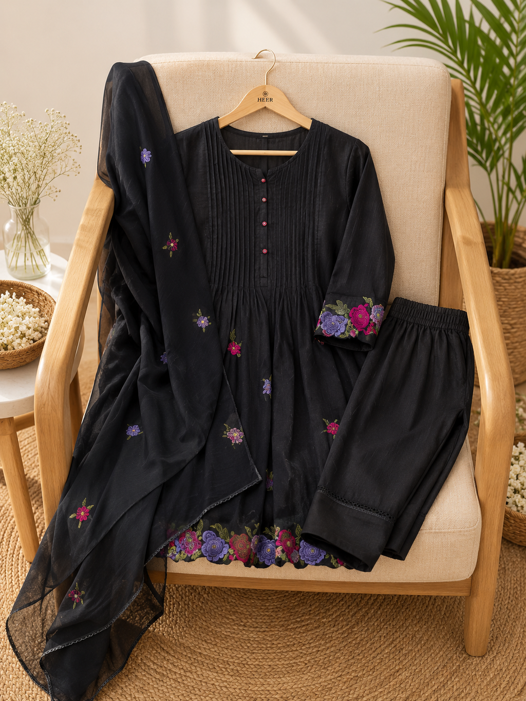 q562661 Graceful Black Kurta Set with Floral Embroidery