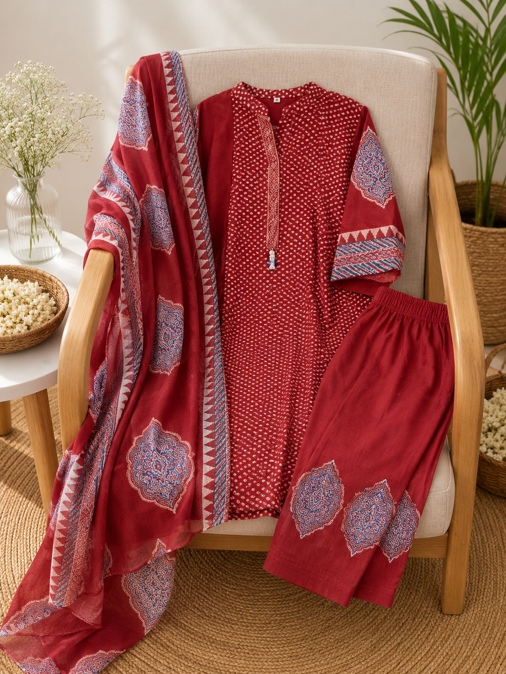 q562650  Classic Maroon Ethnic Print Kurta Set with Dupatta and Matching pant