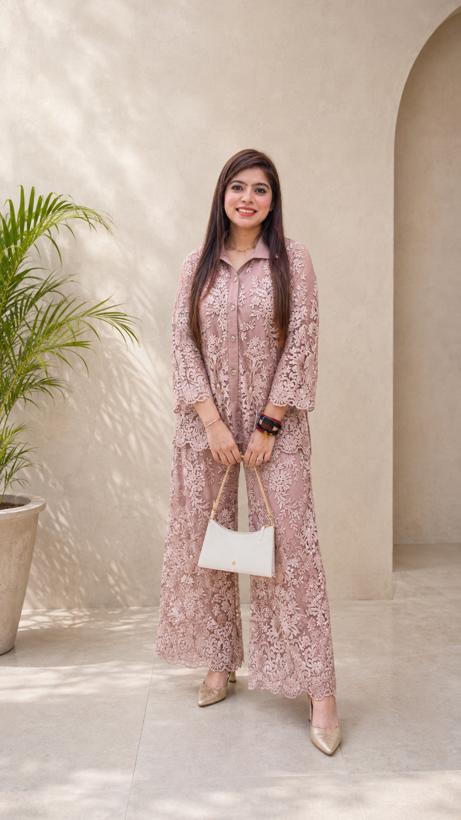 Elegant onion  Heavily Embroidered Floral Lace Blazer & Matching Trousers Co-ord Set q562853