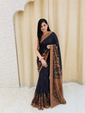 Premium Handmade Kashmiri Sozni Embroidered Black Silk Saree Q562747
