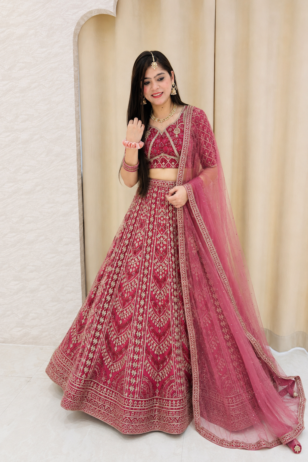 Magenta & Pink Ombre Sequined Silk Designer Bridal and non bridal Lehengha Set  q562262