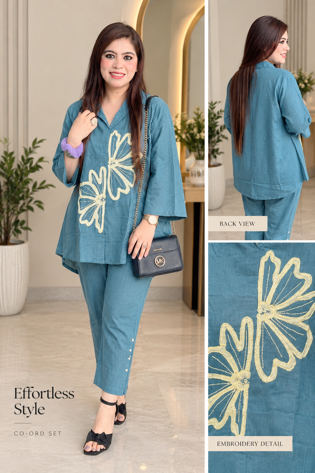 Elegant Steel-Blue Floral Appliqué Linen Co-ord Set q562946