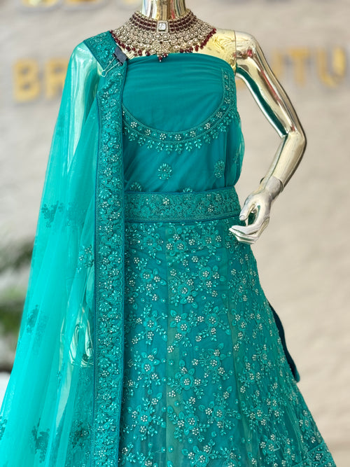 Exquisite Turqoise blue Embellished Unstitched Lehenga Set 12144