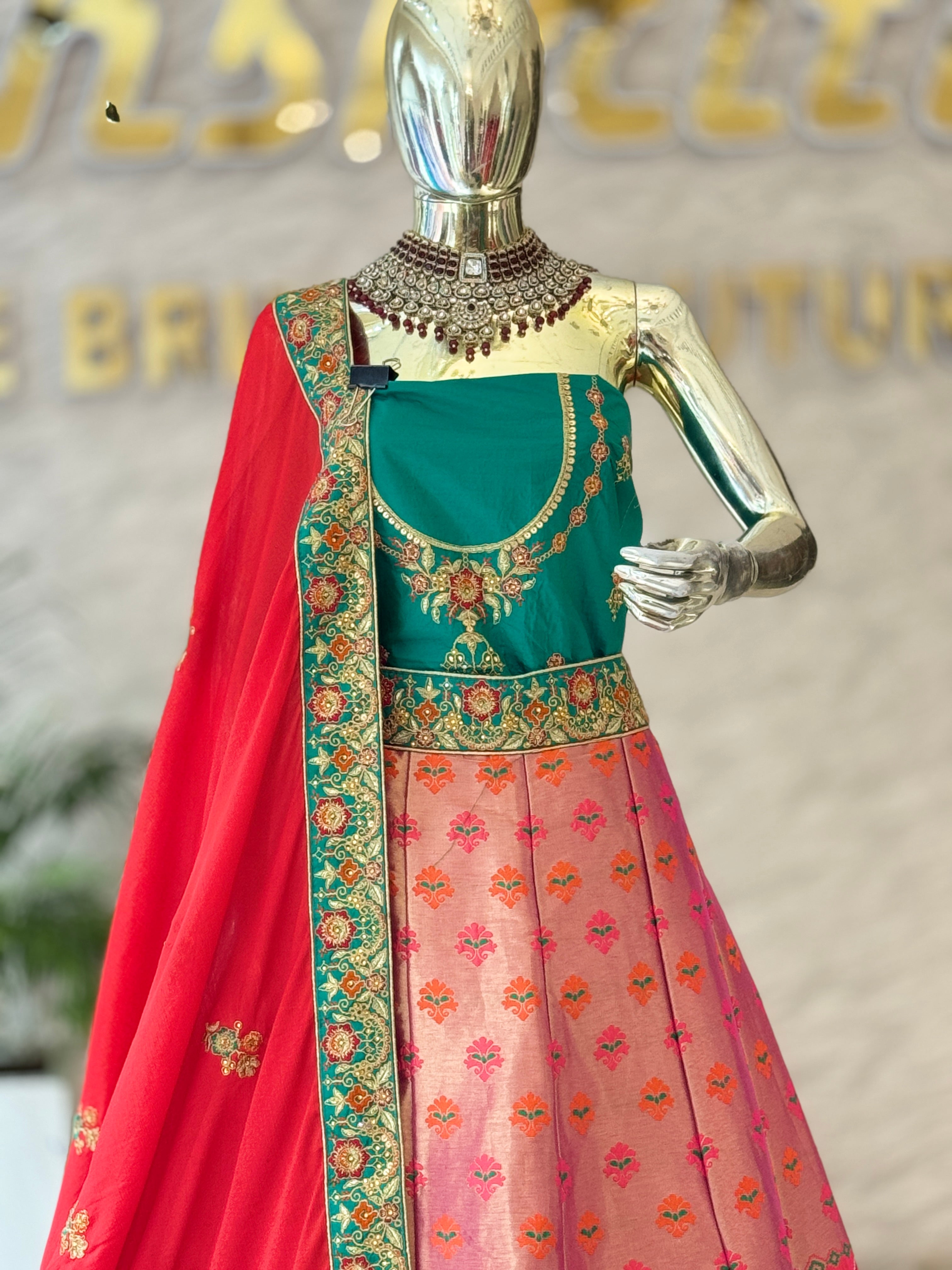 Elegant Dual-Tone Silk Blend Unstitched Lehenga Set with Embellished Border 12401