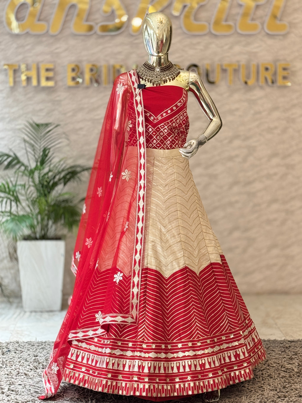 Elegant Beige and Red Color-Blocked Unstitched Lehenga Set 106793